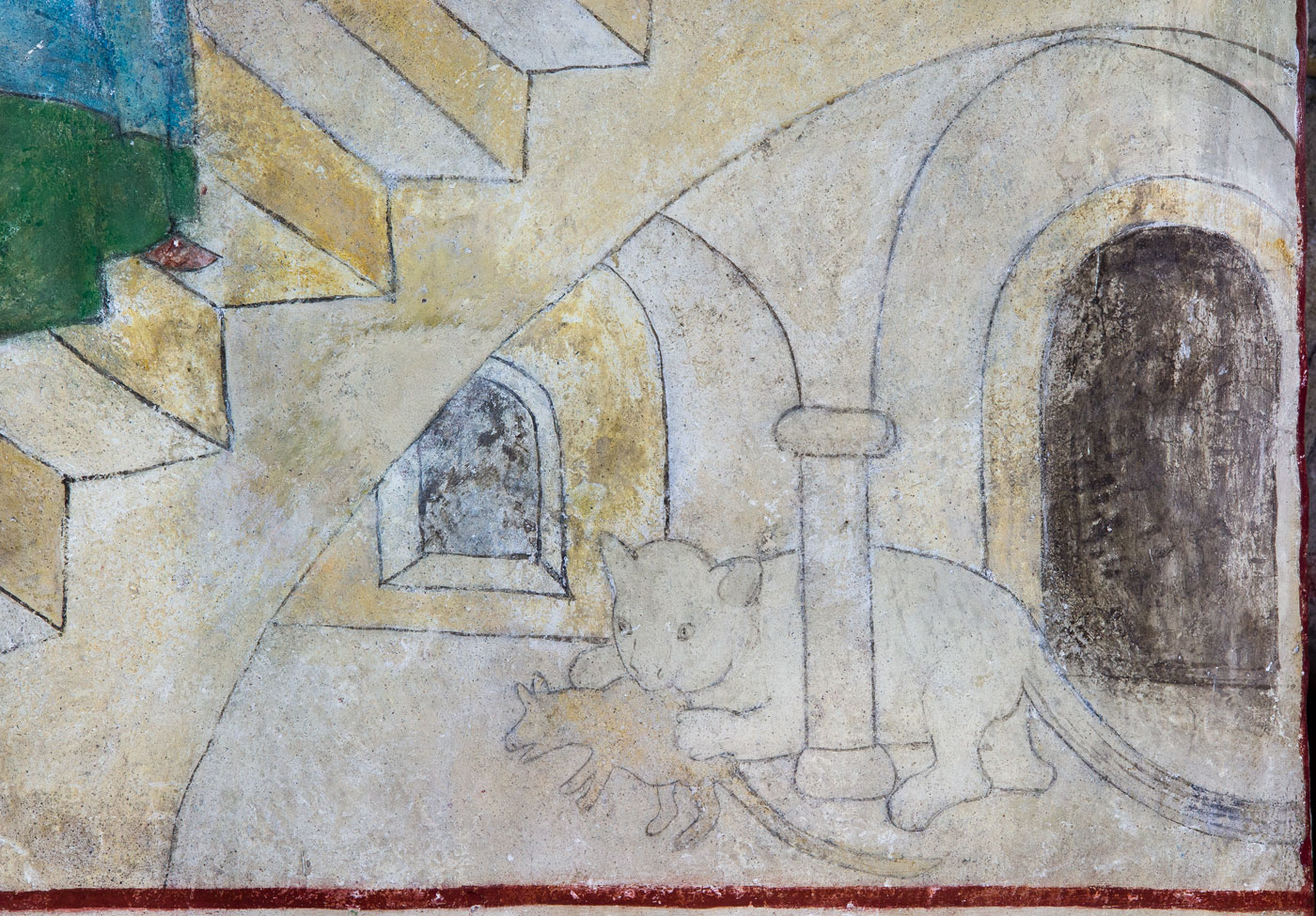 Katt biter råtta (detalj ur Maria tempelgång) - Bromma kyrka